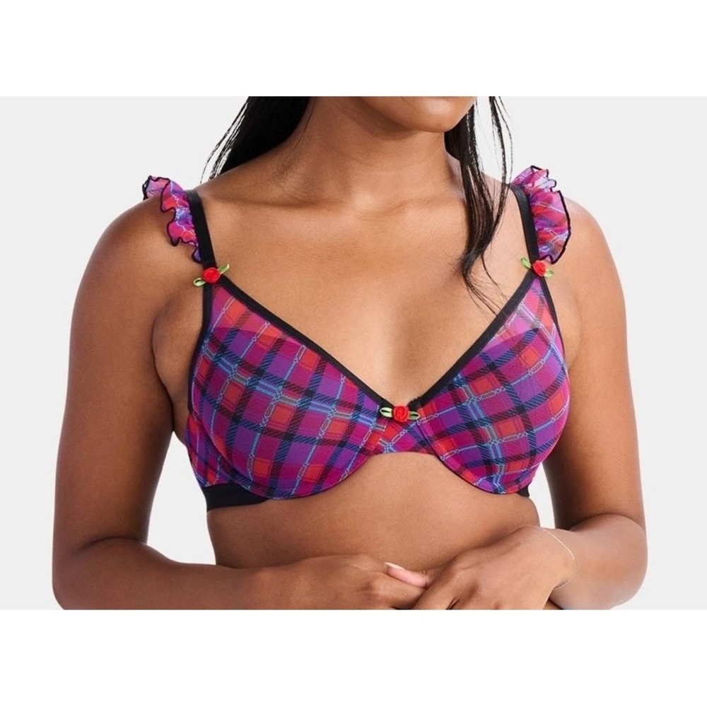 Parade Plaid Ruffled Silky Mesh Demi Bra Womens S Magenta Blue Recycled NWT